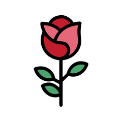 Poster - Stylized Illustration of a Rose Blossom with Stem and Leaves on White