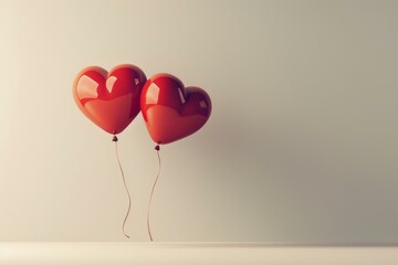 Poster - Two red heart shaped balloons floating on an empty room with a light brown background