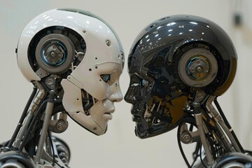 Poster - Two robot heads facing each other, symbolizing artificial intelligence and future technologies