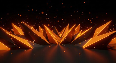 Fototapete - Abstract orange crystal formations with glowing edges and floating particles on dark background