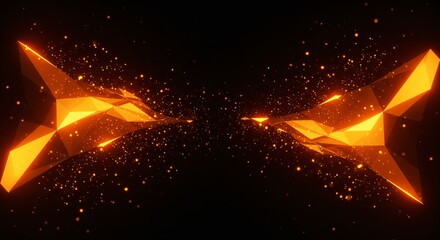 Fototapete - Abstract orange geometric shapes with glowing edges and scattered particles on dark background
