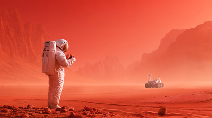 Wall Mural - an astronaut stands on the martian surface, monitoring the surroundings with a robotic rover nearby
