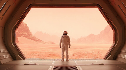 Wall Mural - an astronaut in a spacesuit stands at the entrance of a martian base, overlooking the vast red lands