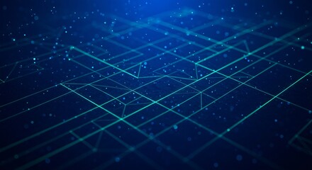 Fototapete - Abstract blue background with geometric lines and floating particles in a network design style
