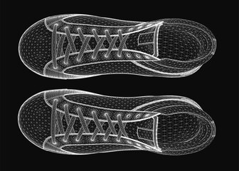 Aufkleber - Wireframe sneakers rendered in 3D on a black background showcase realistic details. Visible elements include laces, tongue, and heel for a sleek design.