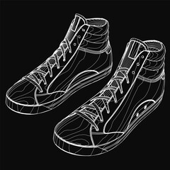 Fototapete - Black and white sneakers sketched in detail on a solid black background. The laces and tongue are clearly visible, creating a striking contrast. The minimalist design highlights the shoe's structure.