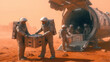© ChaoticDesignStudio - A group of astronauts carefully unloads scientific equipment from a spacecraft on Mars. Their mission focuses on establishing a sustainable habitat, including farming crops for future colonization