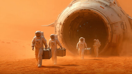 Wall Mural - a team of astronauts emerges from their spacecraft on mars, carrying supplies. dust swirls around th
