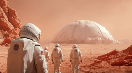 Wall Mural - four astronauts in space suits walk toward a newly built martian base under an orange sky