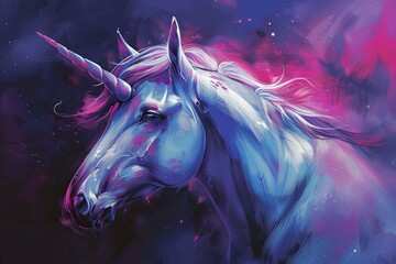 Wall Mural - unicorn with a spiraled horn and flowing mane emerges from a colorful nebula, a blend of fantasy and