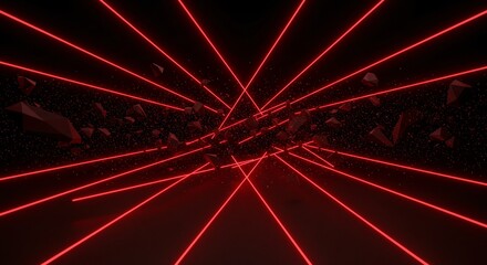 Fototapete - Red laser beams intersecting in dark space with debris and stars creating a tunnel effect