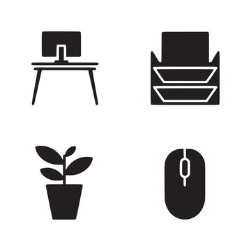 Black and white office objects including a computer desk plant and mouse in vector format design