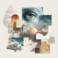 Poster - Intricate Digital Collage of Floating Geometric Shapes and Eyes in a Soft Color Palette