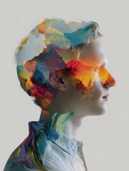 Poster - Colorful Abstract Double Exposure Portrait of Artist with Vibrant Paint Blending into Profile Silhouette