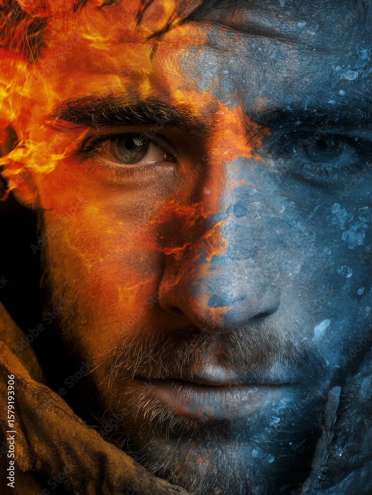 Merging Elements of Fire and Ice on a Male Face Creating a Striking ...