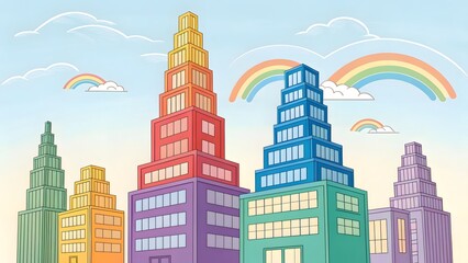 Aufkleber - A cartoon cityscape featuring colorful buildings and rainbows against a light blue sky illustration