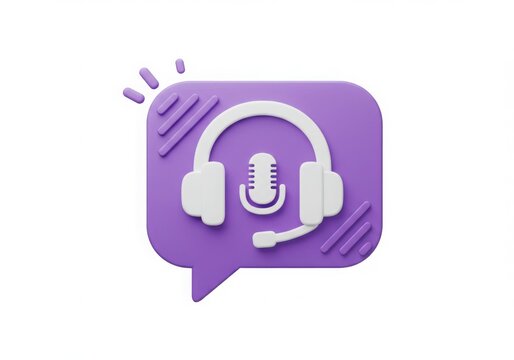 Purple speech bubble with white headphones and microphone icon isolated on white background