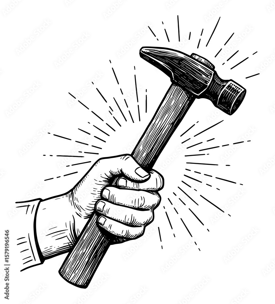 Human Hand Holding Hammer with Sunburst Shining Effect Black and White ...