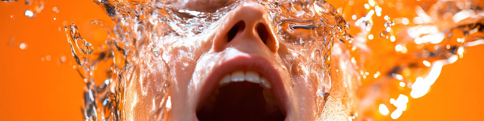 Poster - Close-up of Face and Water Splash Against Orange Background