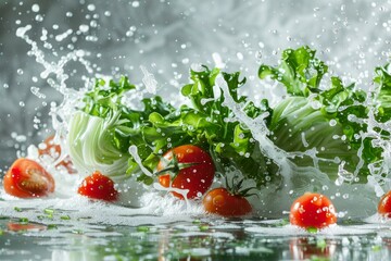 Poster - Fresh lettuce and ripe tomatoes are splashing in water, creating a dynamic and refreshing scene