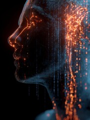 Aufkleber - Glowing Binary Network Head with Tech Elements and Abstract Digital Background for Futuristic Concept Art