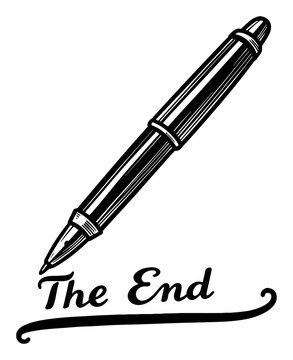 Vintage Pen Writing The End on Paper Black and White Outline Line Art Drawing Illustration