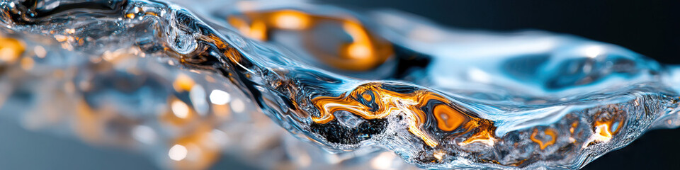 Poster - Close-up Photograph of Blue and Amber Liquid Wave
