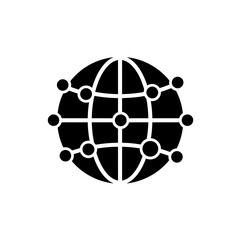 Poster - Global Network: A minimalist black-and-white depiction of the globe, overlaid with interconnected nodes, represents the intricate web of global connections, symbolizing communication, information.
