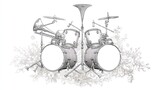 Elegant silver drum set with trumpet embellishments and floral design