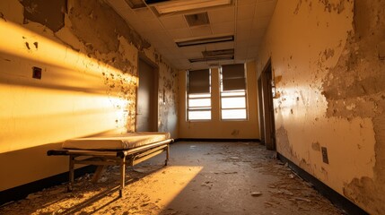 Poster - Abandoned hospital room with peeling walls and sunlight streaming through windows