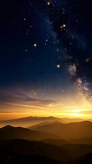 Wall Mural - Milky Way galaxy shining bright above mountain ranges at night with golden light sky