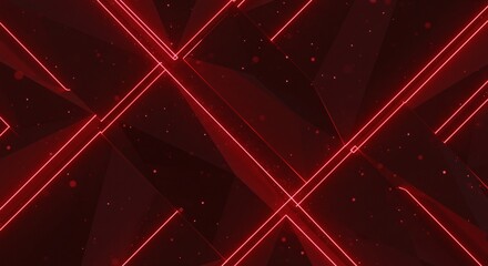 Fototapete - Abstract red background with neon lines forming geometric shapes and subtle light effects in dark space