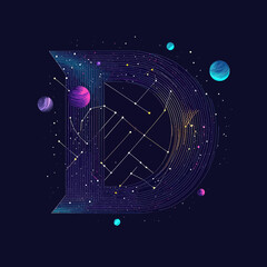 Poster - Letter D with futuristic starry space design composed of planets, stars, constellations, and cosmic lines on dark background vector illustration