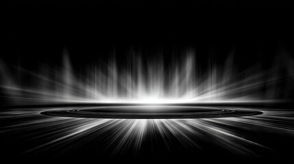 Poster - Abstract black background with dynamic light rays emanating from a circular base, creating depth
