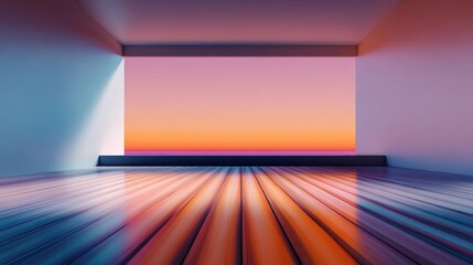 Poster - Vibrant sunset view from a modern room with sleek wooden floors and colorful walls