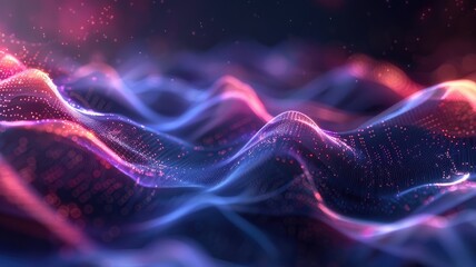 Fototapete - Abstract picture of micro light sparkling particles scattered across vivid flowing wave with digital background, create digital effect scene perfect for energetic and fantasy wallpaper design. AIG53.
