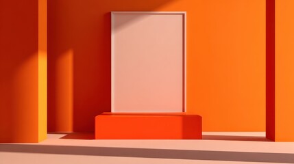 Poster - Vibrant orange interior showcasing a blank frame on a pedestal, creating a minimalist display