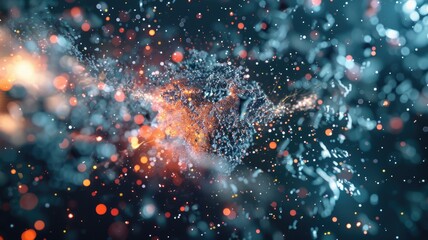 Poster - Futuristic digital tunnel with glowing particles. Neon and electric colors creating a sense of depth. Background of explosive scene in space with glowing star. Background for wallpaper, print. AIG53.
