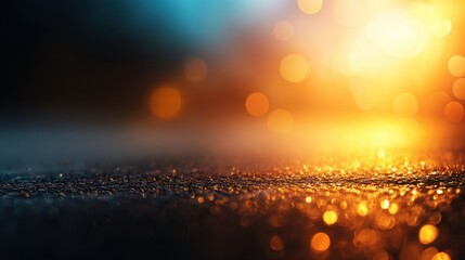 Poster - Abstract depiction of blurred lights and reflections on a wet surface at dusk, creating a vibrant atmosphere