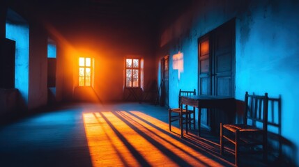 Poster - Sunlight streaming through windows in an abandoned room, casting vibrant shadows on the floor