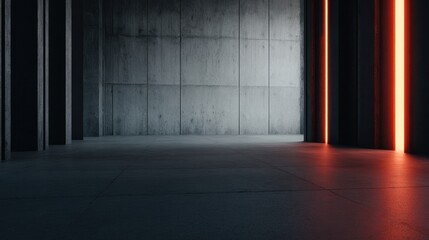 Poster - Modern interior with concrete walls and glowing red accents, showcasing a minimalist space