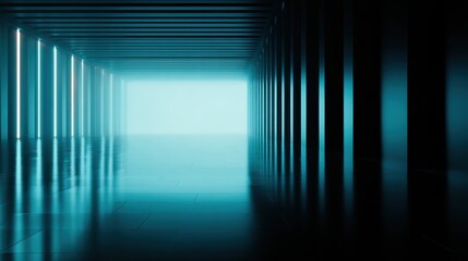 Poster - Futuristic corridor with glowing edges leading to a bright exit, evoking mystery and intrigue