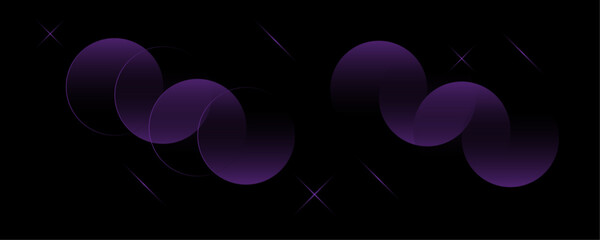 Poster - Abstract geometric purple color overlapping circles seamless pattern on black background banner design. Glowing purple pastel vector art.