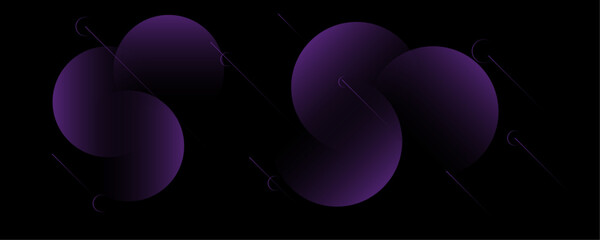 Poster - Abstract geometric purple color overlapping circles seamless pattern on black background banner design. Glowing purple pastel vector art.