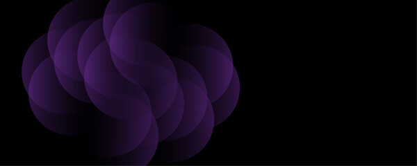 Poster - Abstract geometric purple color overlapping circles seamless pattern on black background banner design. Glowing purple pastel vector art.