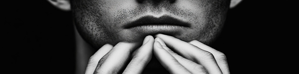 Poster - Close-up Monochrome Photograph of a Man's Face and Hands