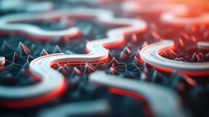 Poster - Close-up of intricate neon red and white glowing light trails on digital technology background with dark geometric shapes