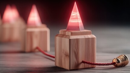 Poster - Wooden block with red string depicting actionable strategy nodes and connections in a creative business environment