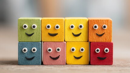 Poster - A playful group of wooden blocks with eyes representing team dynamics and agile structure in a unique icon concept