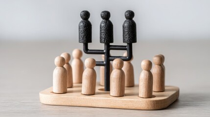 Poster - Wooden peg board featuring a group of people representing business mind alignment concept with connected heads